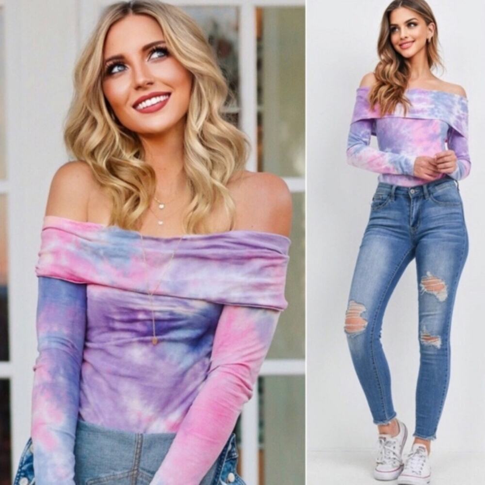 Le Lis Women's Off Shoulder Long Sleeve Thong Bodysuit in Lavender Pink Tie Dye